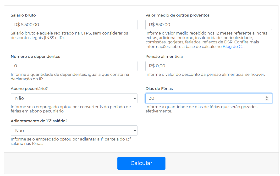 Exemplo de cálculo realizado na calculadora de férias online grátis