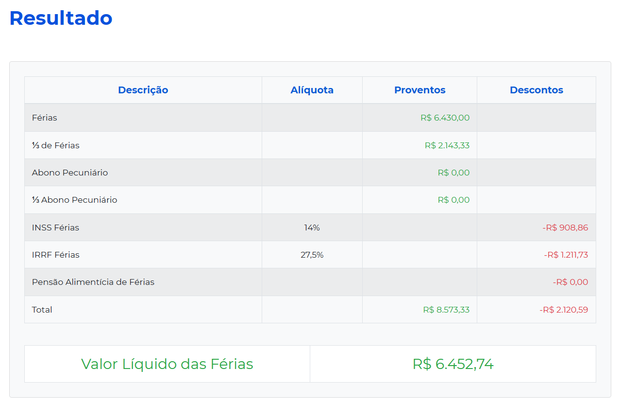Resultado do cálculo de férias na calculadora grátis