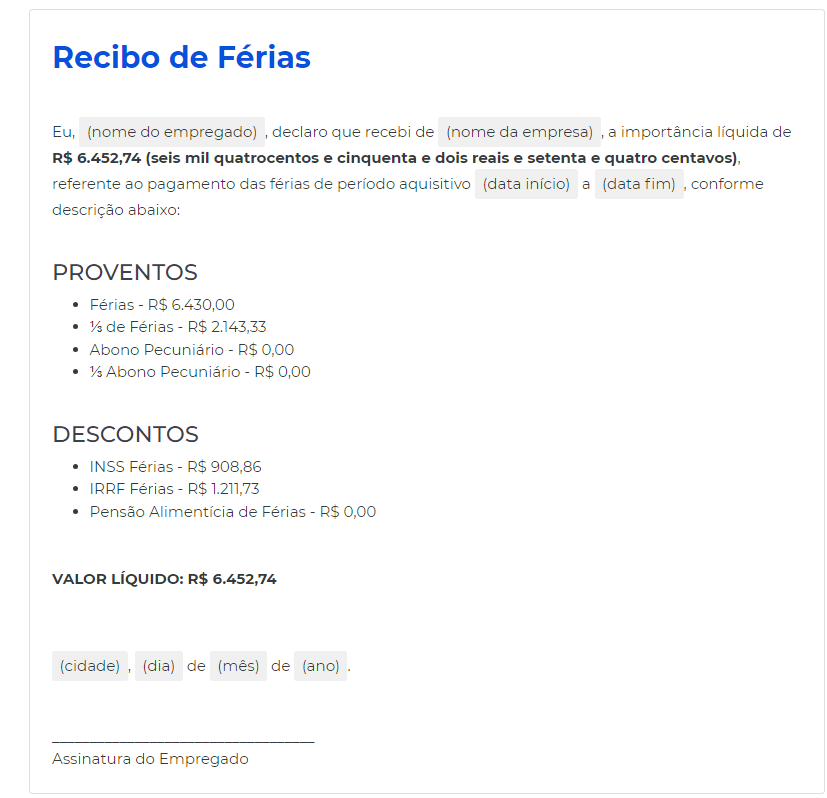 Modelo de Recibo de Férias