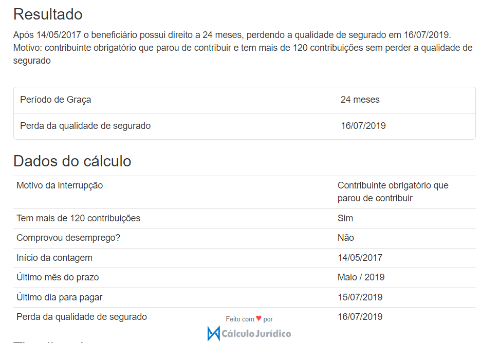 Calculadora de Qualidade de Segurado Exemplo Resultado e dados do cálculo