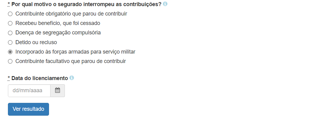 Calculadora de Qualidade de Segurado Incorporado às Forças Armadas