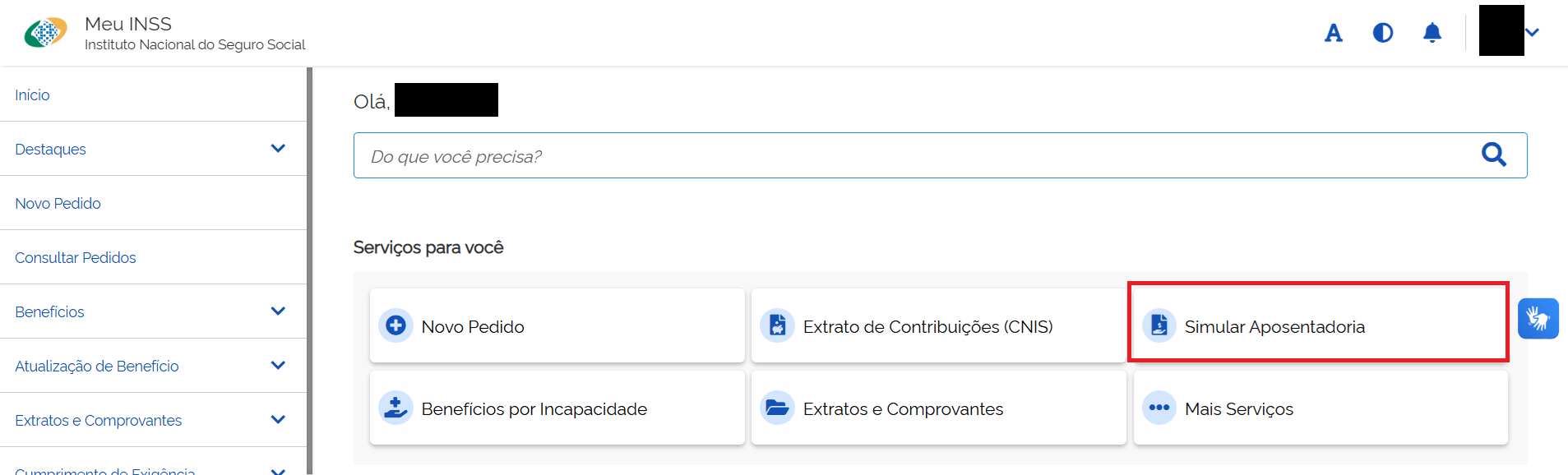 Tela inicial do site do Meu INSS com um quadrado vermelho marcando a opção Simular Aposentadoria