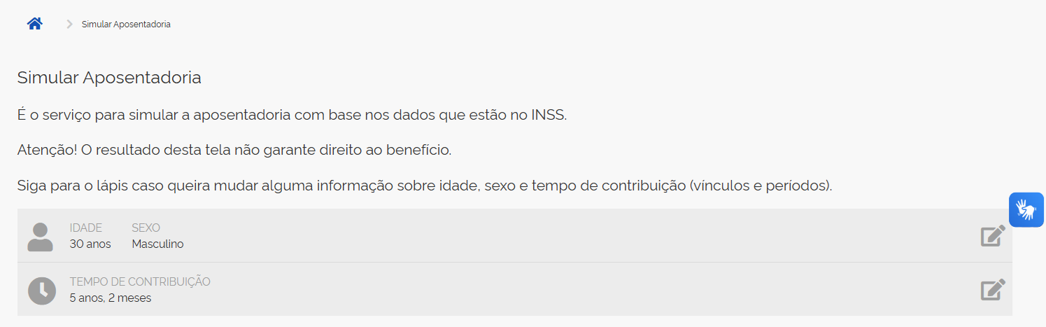 Tela da opção Simular Aposentadoria do Meu INSS, com as informações de idade, sexo e tempo de contribuição