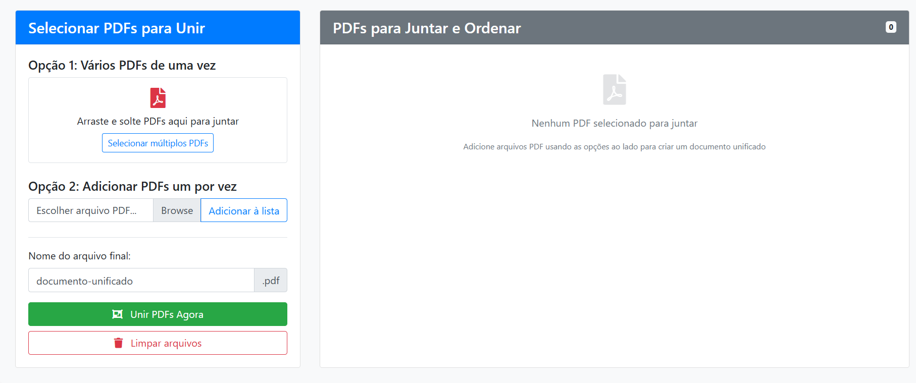 Ferramenta de unir PDF do Desmistificando o Direito, com espaço para envio do arquivo e opções de ordenação, nome e download.