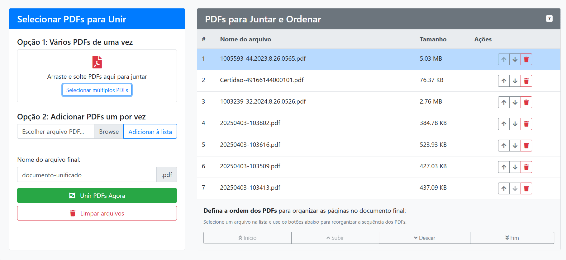 Ferramenta de unir PDF do Desmistificando o Direito com arquivos enviados e a indicação de definir a ordem no documento final.
