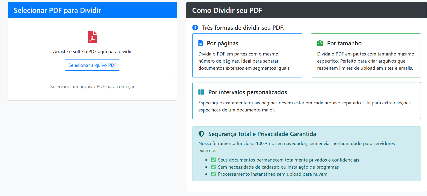 Ferramenta de dividir PDF do Desmistificando o Direito com campo para envio do arquivo e formas para dividir os documentos.