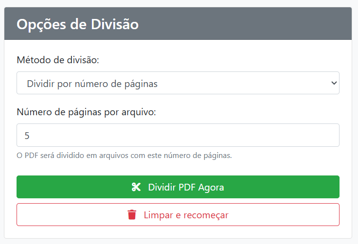 Ferramenta de dividir PDF do Desmistificando o Direito com campo para método de divisão do documento e número de páginas por arquivo.