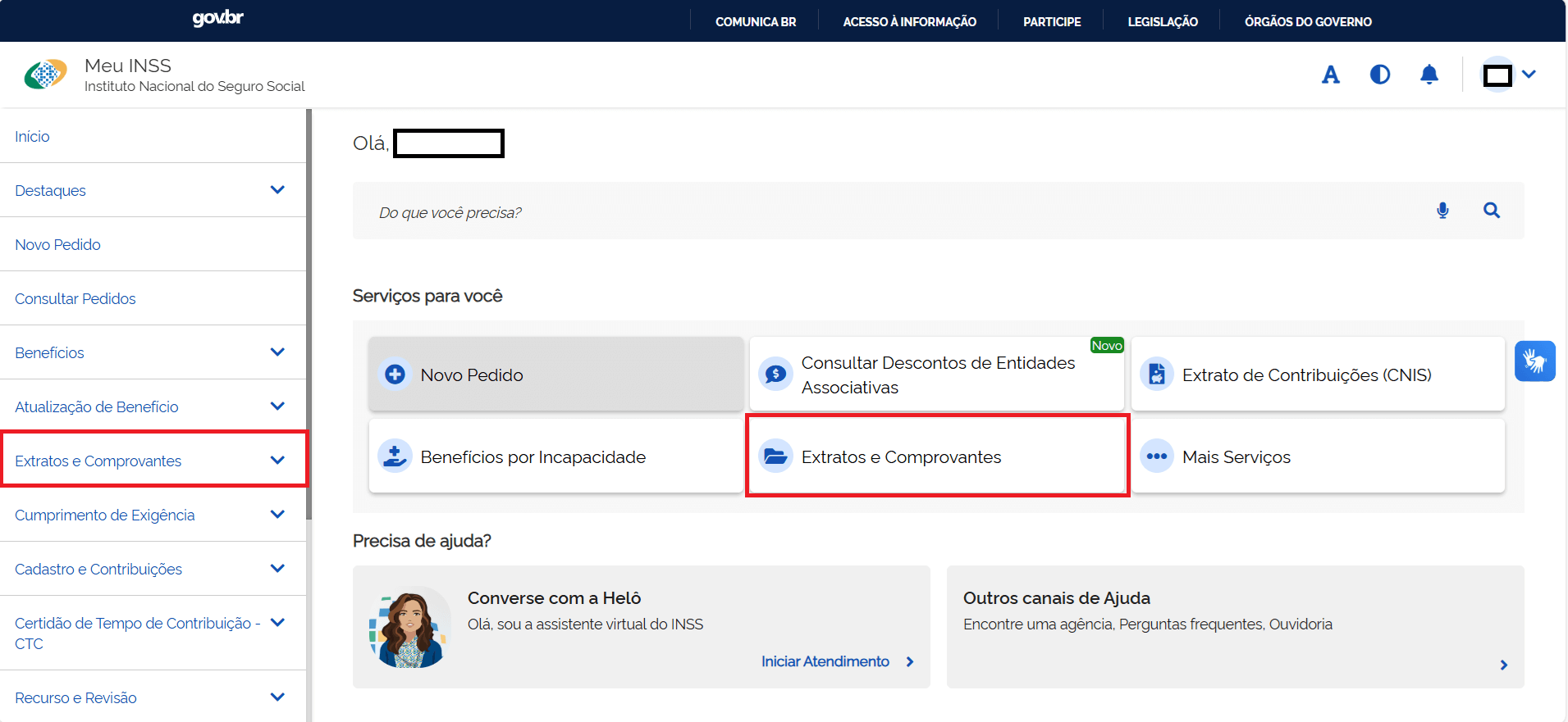 Menu do Meu INSS com destaque para opções de consulta de extratos e comprovantes para verificar fraude dos descontos do INSS