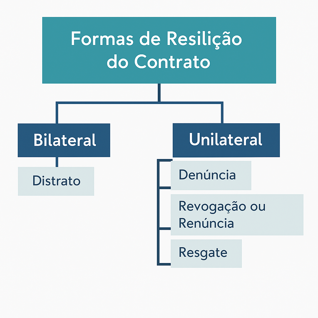 Imagem com as diferentes formas de resilição do contrato: distrato, denúncia, revogação ou renúncia e resgate