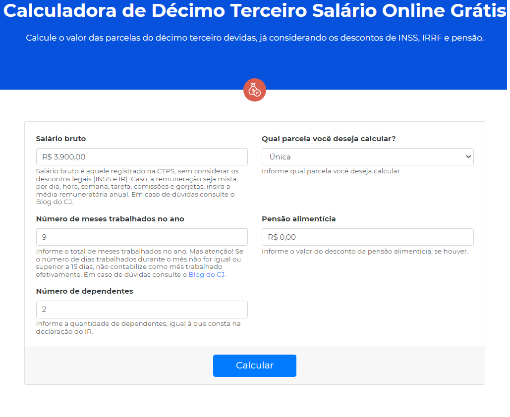 Tela da calculadora de 13º